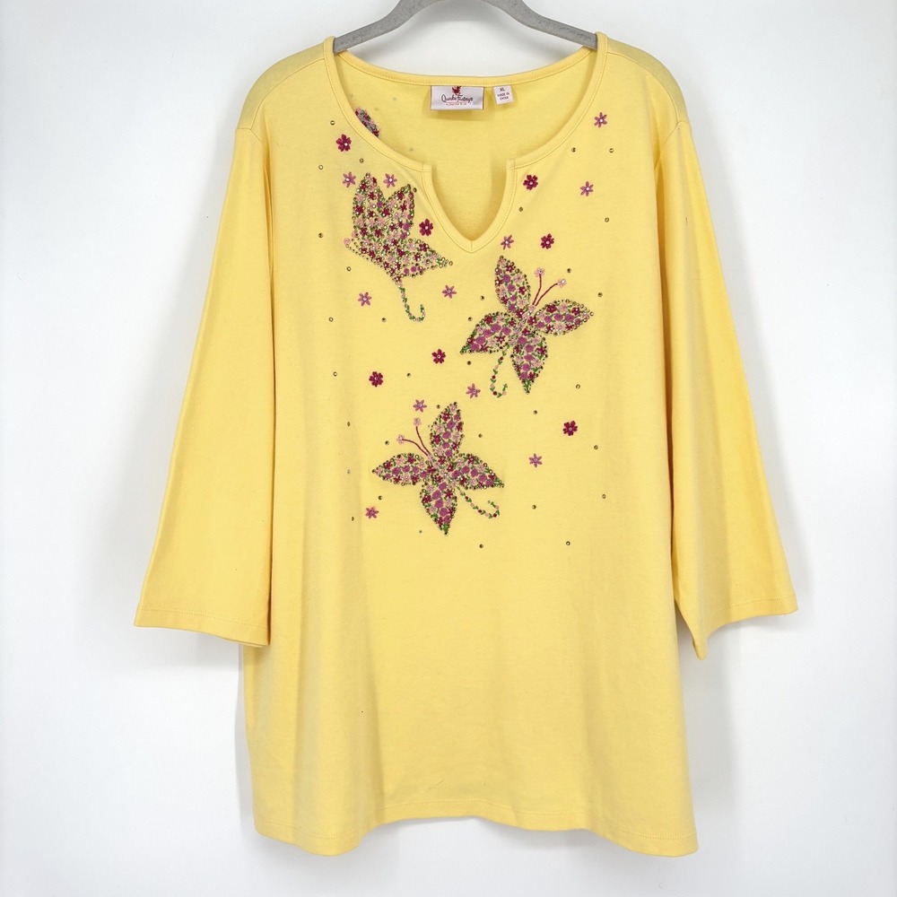Quacker‎ Factory Fluttering Butterfly Split V-Neck Top Sz XL Yellow Pink Sparkle